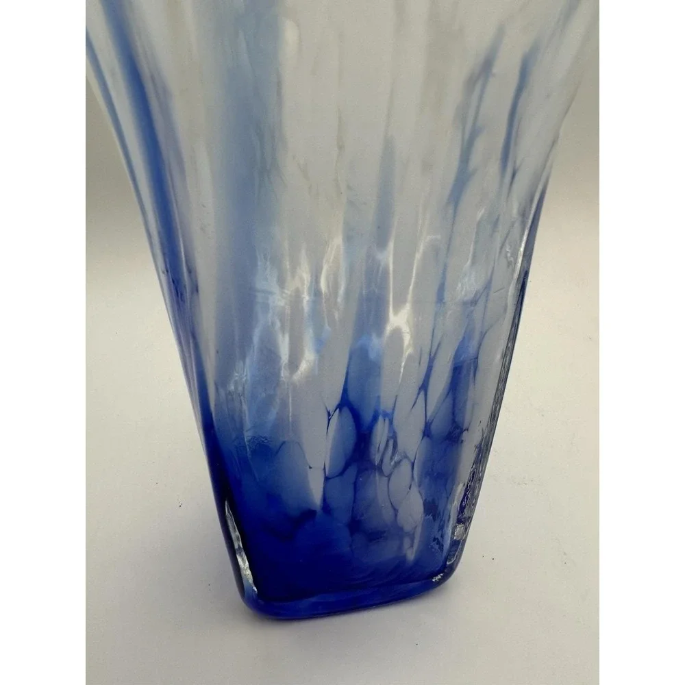 Hand Blown Art Glass Vase Blue White Spatter Ruffled Rim Studio Glass - Picture 5 of 10